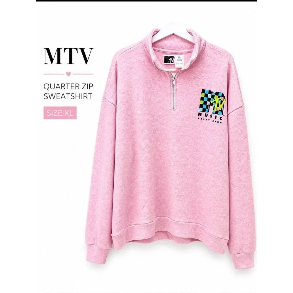 MTV Pink Quarter Zip Sweatshirt XL Retro Graphic Pullover Y2K Streetwear